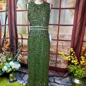 MacDuggal Sequined High Neck Sleeveless Column Gown - Olive - size 6